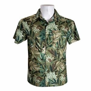 Mountain Hardwear Hawaiian Aloha Shirt Small Leaf Vines Floral Olive-Green‎